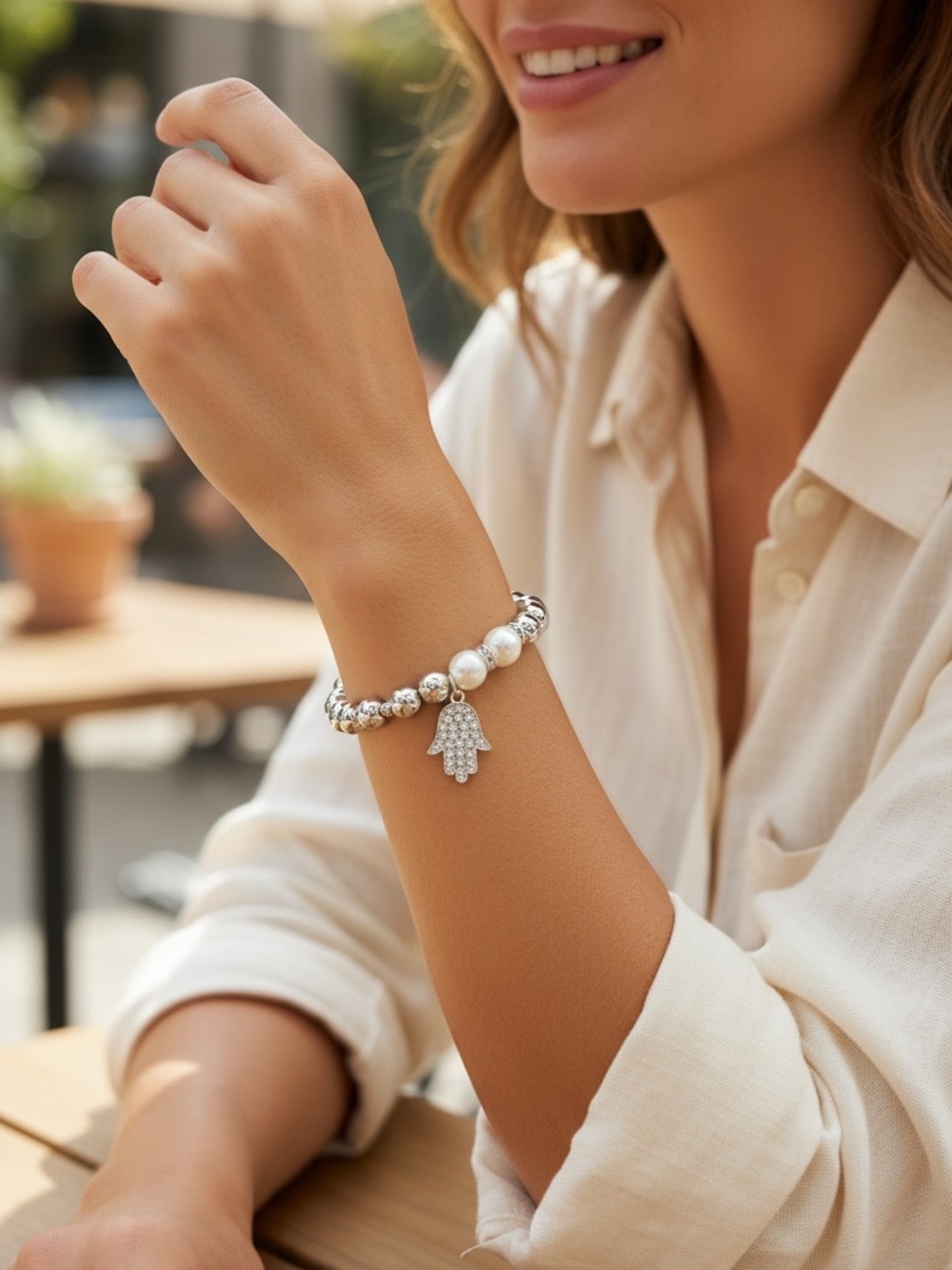 Sterling Silver Hamsa Pearl Charm Bracelet - White